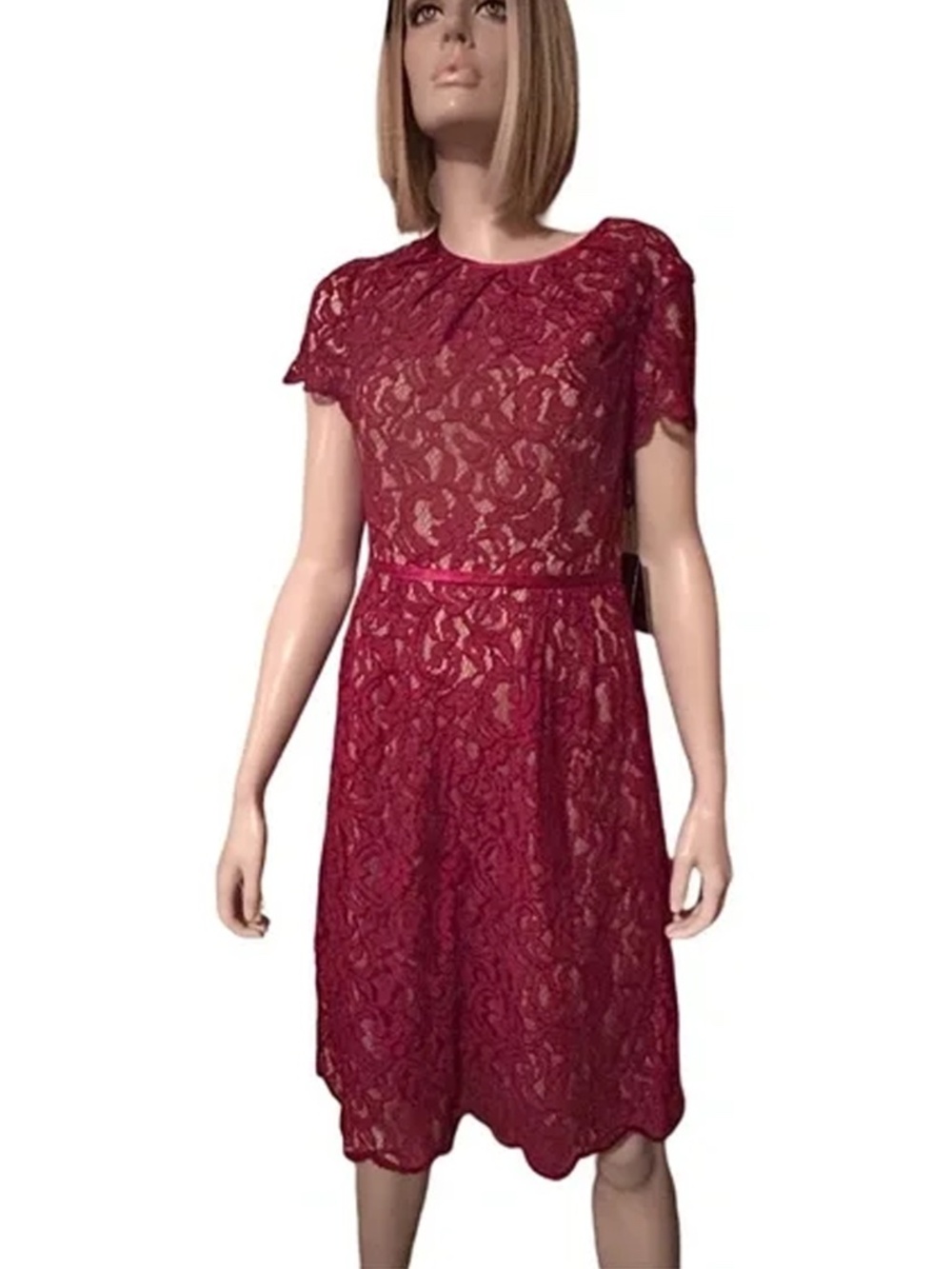 Adrianna Papell Dress All Over Lace Burgundy Rose Cocktail Wedding Silk Ribbon